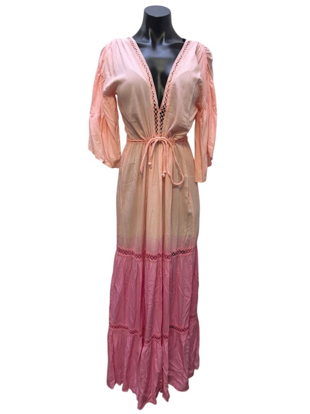 Jen's Pirate Booty Pink Ombre Crochet Maxi Dress V-Neck S